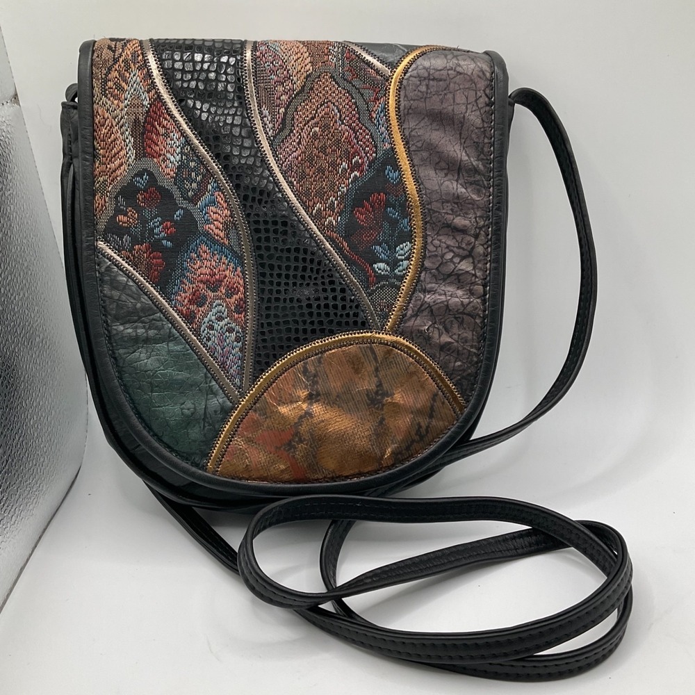 Vintage Patchwork Crossbody‎ Purse Metallic Embossed Stamped Leather 80's EUC